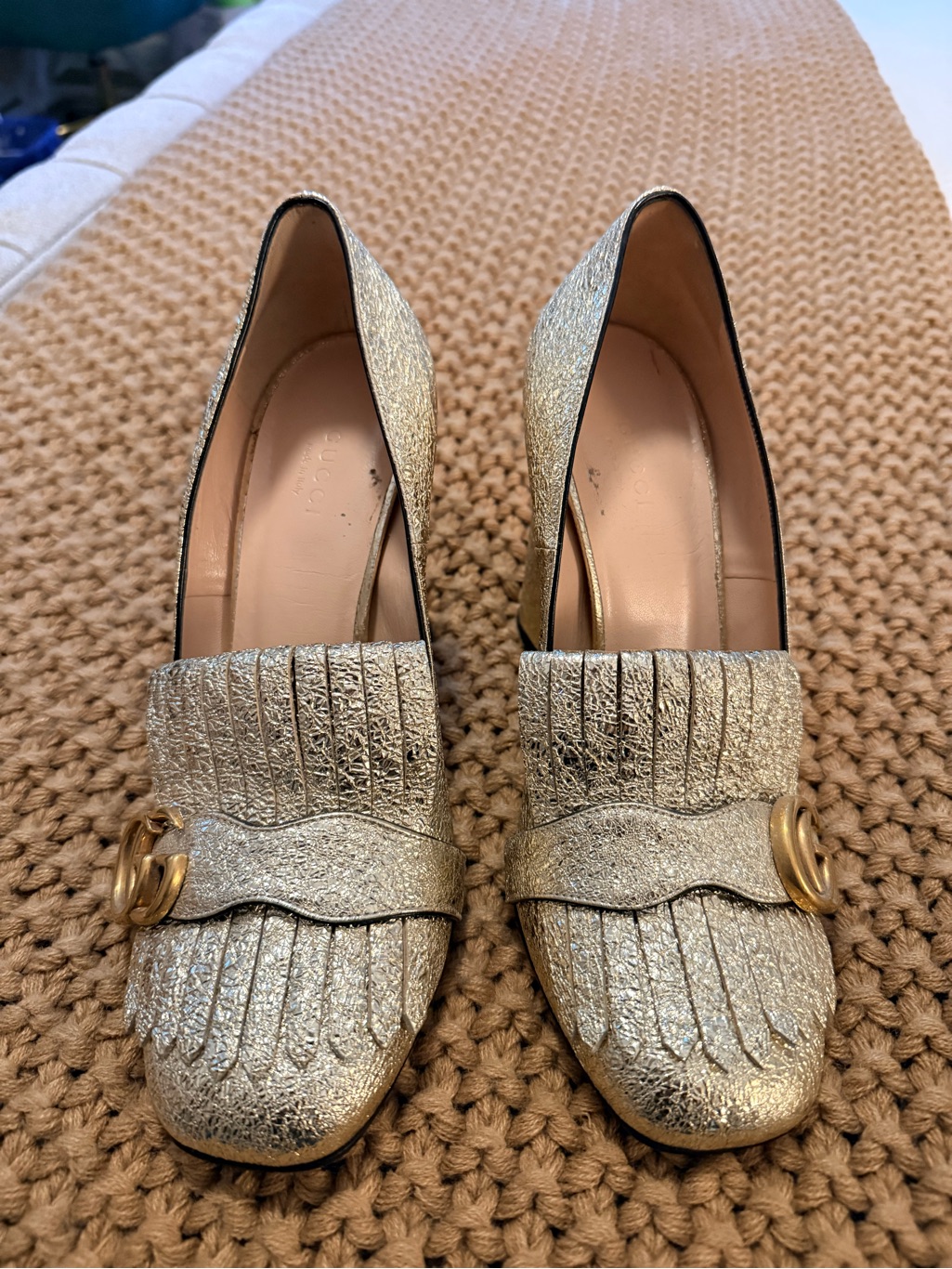 Gucci Metallic Gold Fringe Pumps With Gold Accent - Women Shoes
